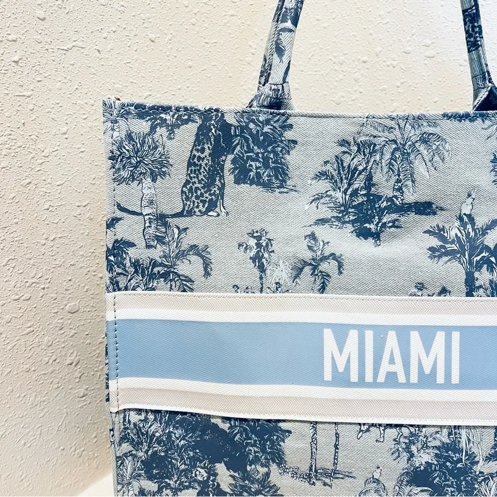 MIAMI Tropical Print Chambray Carryall Canvas Tote Bag OS NWT